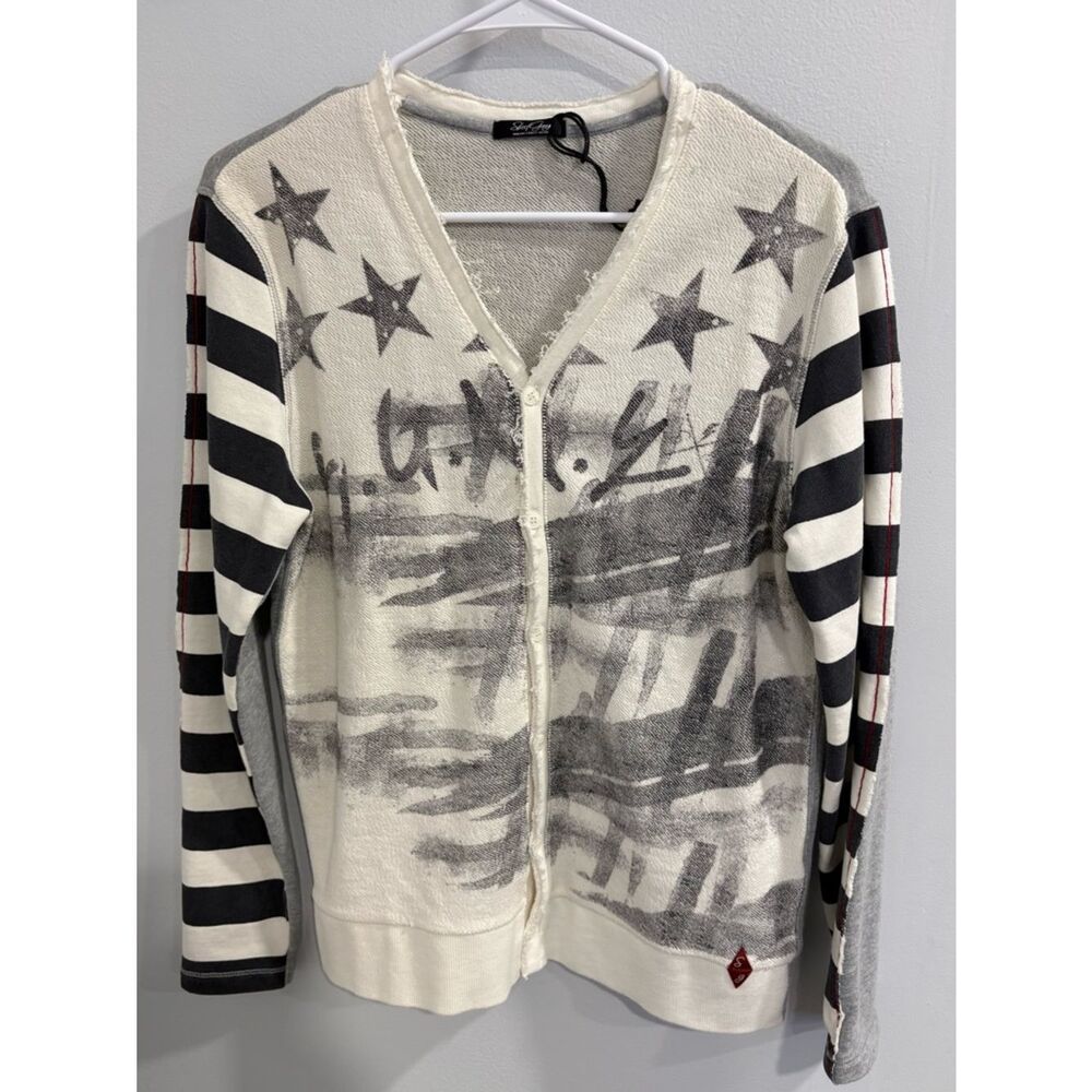 Striped Sleeve V-Neck Cardigan with Star Print in Cream Black and Gray NWOT